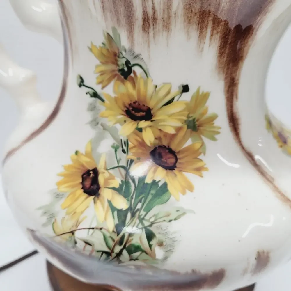 Vtg Table Lamp Water Pitcher Hand Painter Sunflowers Ceramic Wood Base 13